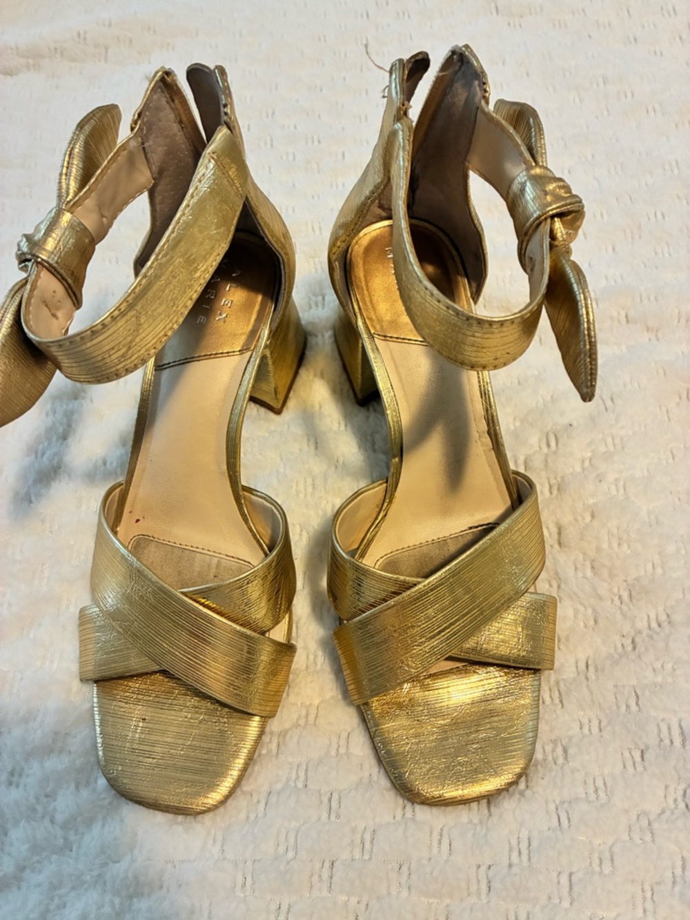 Alex Marie Size 7 Gold Women's Block Heel Sandals with Ankle Tie